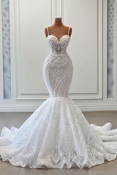 Charming Sleeveless Spaghetti Straps Mermaid Wedding Dress with Ruffles - wedding dress Mermaid Wedding Dress With Ruffles, Wedding Dresses Spaghetti Strap, Ruffle Wedding Dress, Fancy Wedding Dresses, Mermaid Wedding Dresses, White Wedding Dress, Fancy Wedding, Dream Wedding Ideas Dresses, Wedding Dresses Beaded