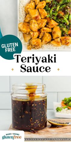 teriyaki sauce in a jar with chicken and broccoli on the side