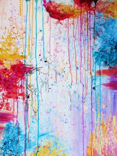 an abstract painting with multicolored paint splattered on it