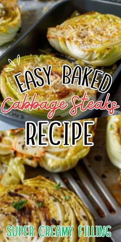 an easy baked cabbage steaks recipe with text overlay