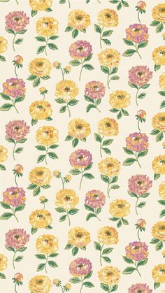 yellow and pink flowers with green leaves on a white wallpaper background in an old fashion style