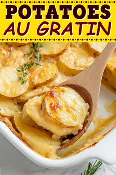 potatoes in a casserole dish with a wooden spoon