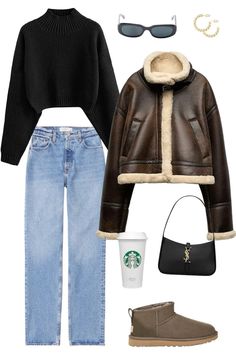 Ya empieza el frío y es el momento de sacar los abrigos. Inspirate con esta idea para lucir elegante para esta temporada de invierno 👜🍷 Sherpa Lined Jacket Outfit, Brown Jacket Outfit, Sherpa Jacket Outfit, Winter Jacket Outfits, Mini Hobo Bag, Winter Leather Jackets, Black Jeans Outfit, Leather Jacket Outfits