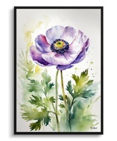 a watercolor painting of two purple flowers