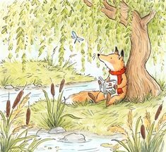 a drawing of a fox sitting under a tree next to a river reading a book