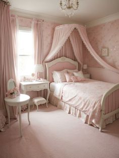 a bedroom decorated in pink and white with a bed, desk, chair and chandelier