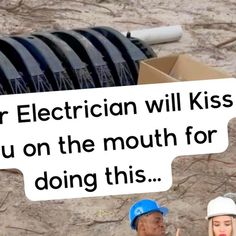 a man and woman standing next to each other in front of a sign that says, your electrician will kiss you on the mouth for doing this