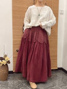 "【Fabric】 linen  lining Cotton  【Color】 black, White, Red, Brown 【Size】 Waist 65-108cm/ 25-42\" Skirt length 91cm/ 35\" Hem circumference 176cm/ 68\" Washing & Care instructions: -Hand wash or gently machine washable do not tumble dry -Gentle wash cycle (40oC) -If you feel like ironing (although should not be necessary) , do it with steam or while the dress is still slightly wet -Do not bleach If you like this dress, perhaps you will also like other dresses from our collection. Be sure to check Retro Long Skirt, Witches Garden, Blouse Outfit Casual, Maxi Pants, Boho Lifestyle, Long Jumpsuit, Boho Clothes, Honeymoon Outfits, Long Sleeve Outfits