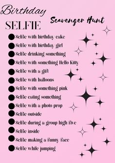 a birthday card with the words selfie written in black and white on a pink background