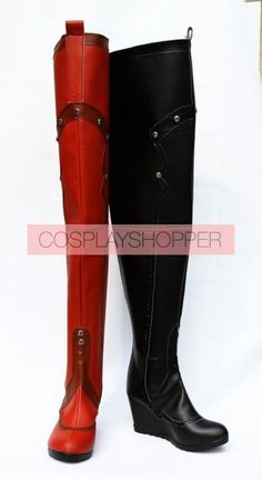 two tall boots with buckles on the sides and one in black and red are standing next to each other