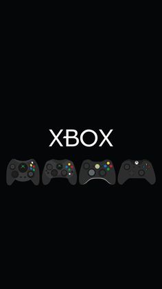 the xbox logo with four game controllers in front of it on a black background that says,