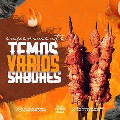 an advertisement for some type of food that is being cooked on skewers with flames in the background