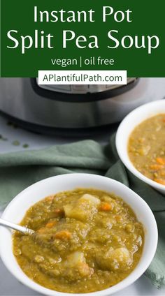 instant pot split pea soup in front of an instant pressure cooker with text overlay