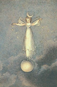 an angel standing on top of a white ball in the sky with stars around it