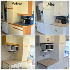 four different pictures show the same kitchen before and after remodeling with white cabinets