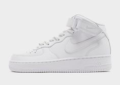 A hoops icon lives on in these women's Air Force 1 Mid sneakers from Nike. In a crisp White colourway, these mid-top kicks have a layered leather and synthetic upper, with a padded ankle collar and a hook-and-loop closure to lock in your comfort. Featuring perforations to the toe box, they're sat above a durable foam midsole and signature Air cushioning for a lightweight, responsice ride. With a non-marking rubber outsole for lasting grip, these trainers are finished off with tonal Swoosh branding at the sidewalls. Nike Air Force 1 Mid, Ankle Sneakers, Mid Sneakers, Air Force 1 Mid, Trainers Shoes, Mid Top, Jd Sports, Shoes Trainers, Nike Air Force 1