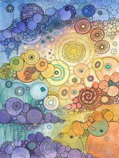 an abstract painting with circles and bubbles