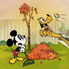 the cartoon mickey mouse is trying to catch the ball