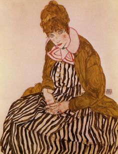 a painting of a woman in striped dress