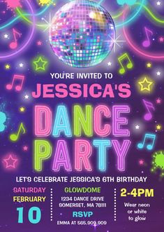 a flyer for a dance party with disco balls and music notes on the back ground