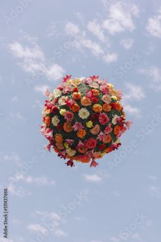 a bunch of flowers floating in the air on a clear day with blue sky and clouds