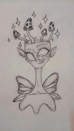 a pencil drawing of an alien with mushrooms on her head and stars in the background