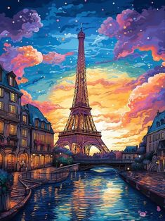 a painting of the eiffel tower in paris, france at night with colorful clouds