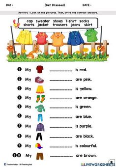 worksheet with clothes and words for kids