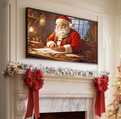 a painting of santa claus is hanging on the wall next to a christmas tree and fireplace