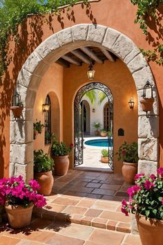 ♡ THE POSSIBILITIES ARE ENDLESS Spanish Villa Decor, Hacienda Style Patio, Hacienda Patio, Mexican Patio Ideas, Mexican Patio Hacienda Style, Wooden Pergolas, Clay Fire Pit, Spanish Colonial Architecture