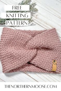 a pink knitted headband with the words free knitting pattern on it and an image of