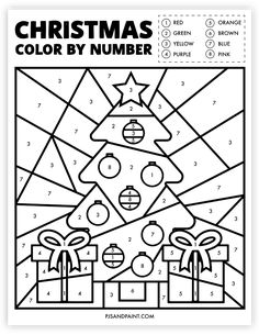 christmas color by number worksheet for kids with presents and gifts on the tree