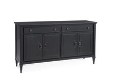 the sideboard is black and has two doors on one side, and three drawers on the other