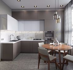 a modern kitchen and dining room are shown