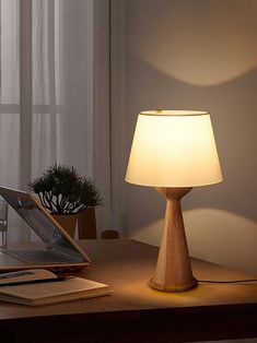 a laptop computer sitting on top of a wooden desk next to a lamp and potted plant