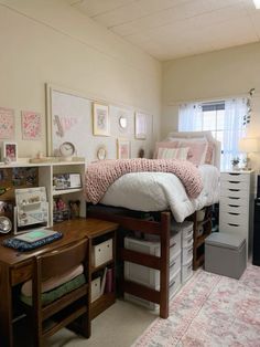 a bedroom with a bed, desk and shelves on the wall next to a window