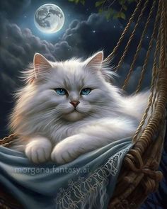 a painting of a white cat sitting in a hammock with the moon behind it