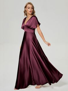 This Short Sleeves V-neck Soft Satin Wedding Guest Dress is perfect for any wedding occasion. Made with high-quality soft satin fabric, it offers both comfort and elegance. The short sleeves and v-neckline provide a timeless and flattering look for any body type. Be a stylish and comfortable wedding guest with this dress. Dark Pink Maxi Dress, Satin Dress With Sleeves, Satin Wedding Guest Dress, Aubergine Dress, Personal Attendant, Purple Satin Dress, Chinese Fancy Dress, Red Clothing, Satin Bridesmaid Dress