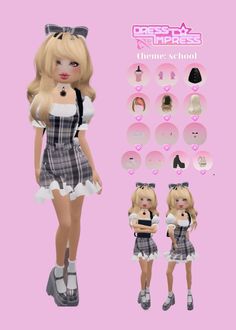 a doll with blonde hair is standing in front of a pink background and various images