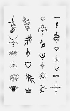 an assortment of different tattoo designs on a white background with the words love written in black ink