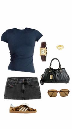 a woman's outfit and accessories including shoes, sunglasses, watch and purses