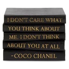 three black books with gold lettering on the front and back, each containing an image of coco chanel