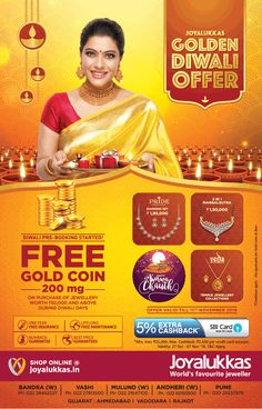 an advertisement for the golden diwal offer with a woman in sari and gold jewelry