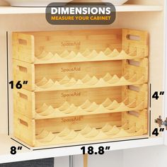 a wooden cabinet with measurements for the top and bottom shelves on each side, along with instructions to measure your cabinet