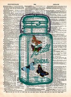 a glass jar filled with butterflies sitting on top of an old book page that reads peace is