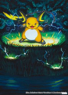 a painting of a pikachu sitting on the ground with lightning in the background