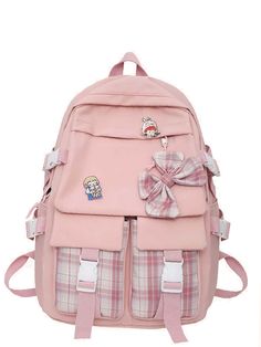 Bag For Love - Plaid Bow & Badge Decor Release Buckle Detail Functional Backpack  - Women Backpacks Light Pink Backpack, Preppy Bags, Kawaii Bags, Functional Backpack, Kawaii Accessories, Backpack Women, Estilo Preppy, Plaid Bow, Style Preppy