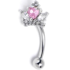 Product Details16 Gauge 5/16 Pink Clear Gem Crown Heart Curved Eyebrow Ring Crown your piercings in style with this elegant 16 gauge eyebrow jewelry. It is made with an 8mm durable 316L surgical grade stainless steel curved barbell with a 3mm bottom ball end. The top end features a crown charm, composed of clear gems for a truly regal look. The center of the crown features a heart shaped pink gem for added style and you can even wear it in multiple piercings including eyebrow, rook, and some dai Eyebrow Jewelry Gems, Pink Eyebrow Piercing, Cute Eyebrow Piercing Jewelry, Central Labret, Eyebrow Piercing Jewelry, Body Jewerly, Curved Eyebrows, Daith Piercings, Mermaid Pearl