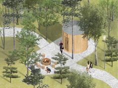 an artist's rendering of a circular fire pit surrounded by trees