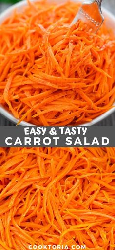 carrot salad in a white bowl with a spoon on top and the words easy & tasty carrot salad above it